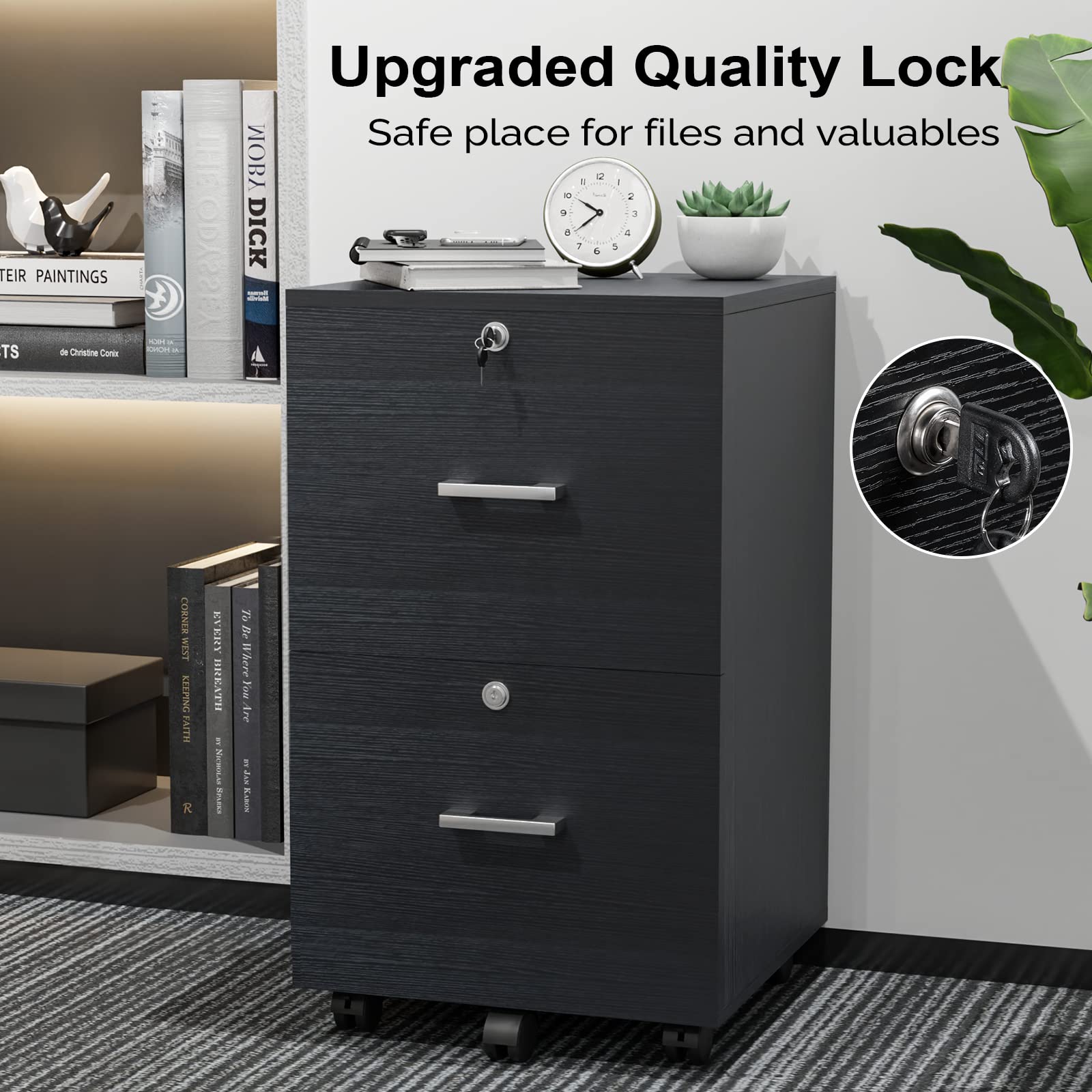 2-Drawer File Cabinet with Lock, Small Rolling Wood Filing Cabinet for Hanging Letter Size Filings with Tabs, Mobile Under Desk File Organizer for Home Office, Classic Black, 27.2" H
