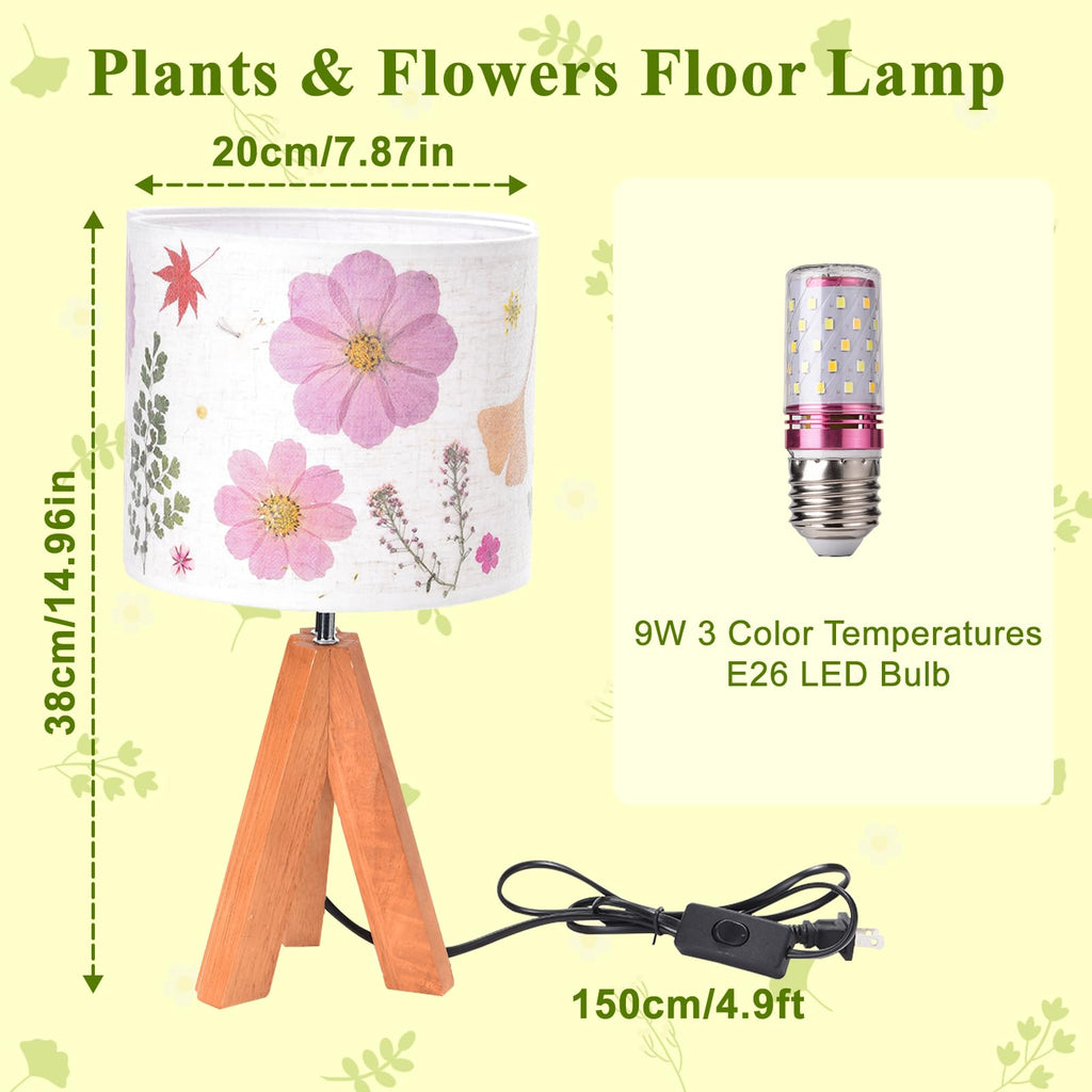 Dried Flowers Tripod Table Lamp 14.96in, 9W LED 3-Color Cute Bedside Lamp with Flowers Linen Lampshade for Nursery, Bedroom, Kid Room, Living Room, Light Brown Wooden Base