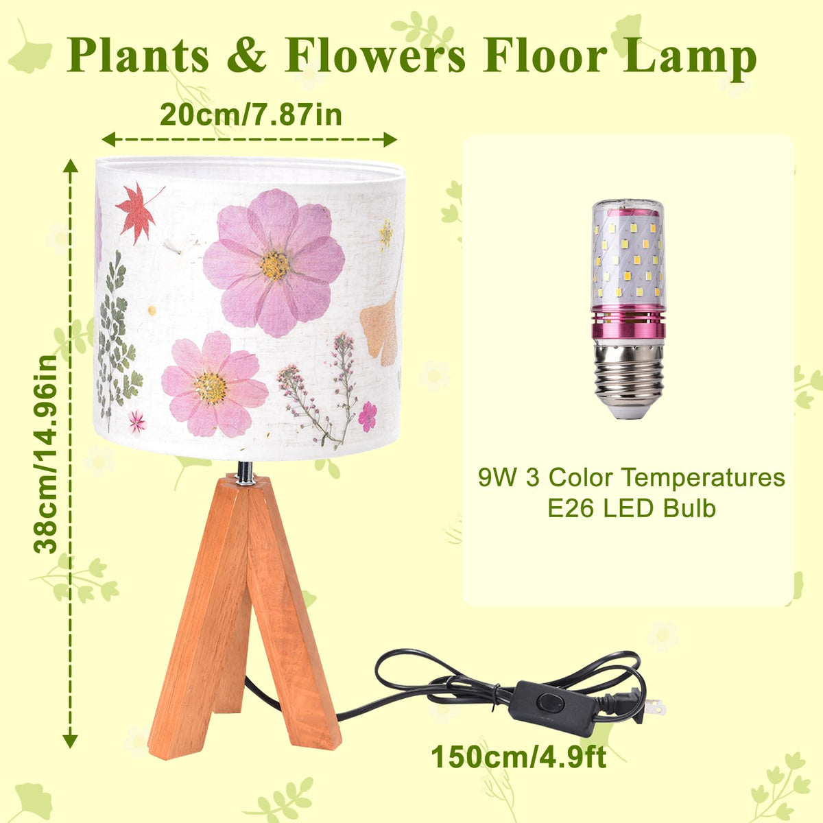 Dried Flowers Tripod Table Lamp 14.96in, 9W LED 3-Color Cute Bedside Lamp with Flowers Linen Lampshade for Nursery, Bedroom, Kid Room, Living Room, Light Brown Wooden Base