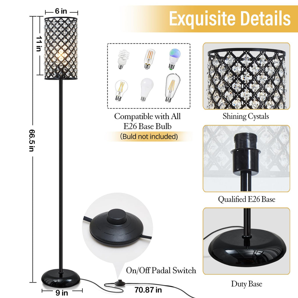 Crystal Floor Lamp, Modern Standing Lamp with Elegant Shade Black Floor Lamp with On/Off Foot Switch,Tall Pole Accent Lighting for Living Room, Girl Bedroom, Dresser, Office