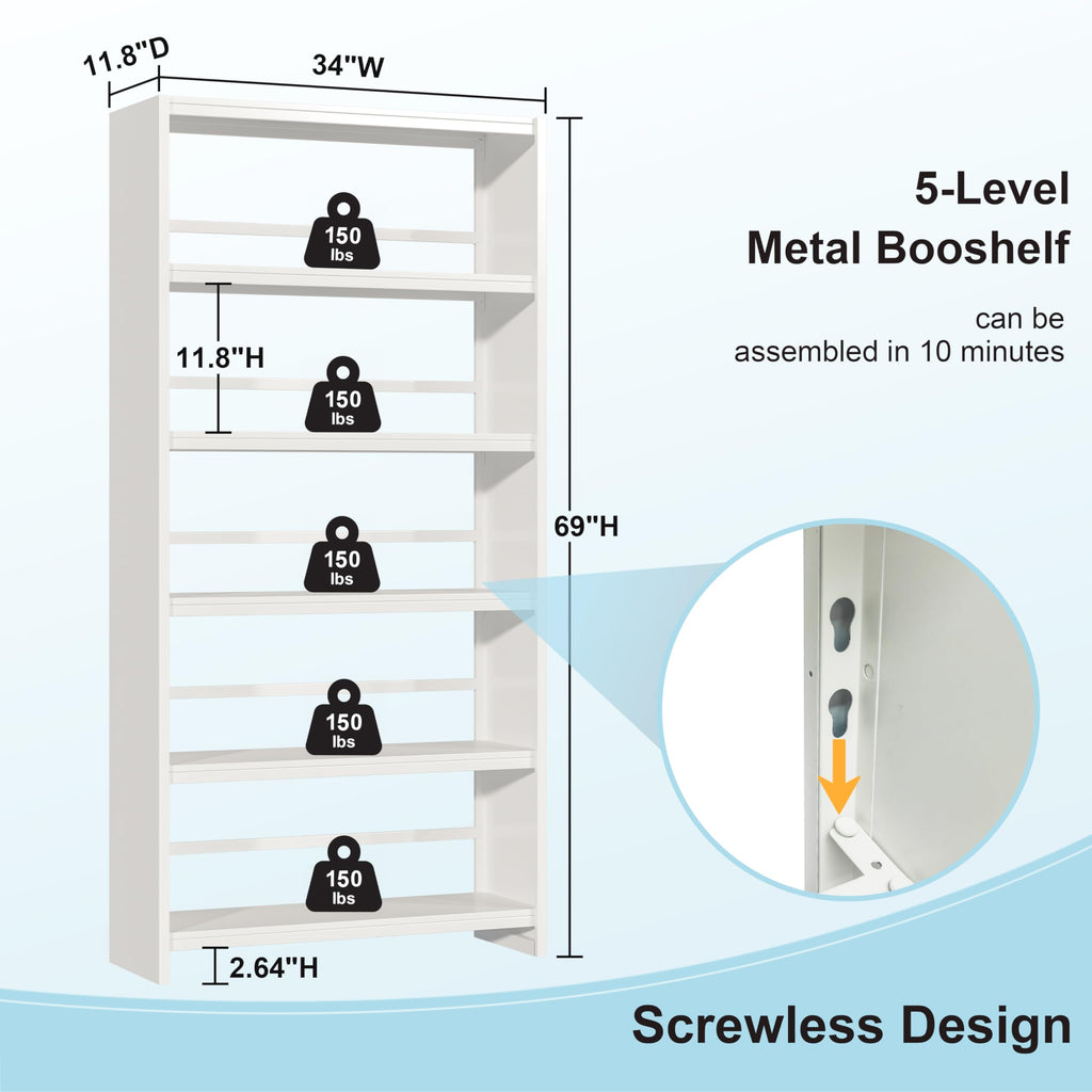 69" White Bookshelf, 5 Tier Tall Bookcase with Bookend, Large Metal Book Shelf Display Storage Shelves for Bedroom Living Room Office