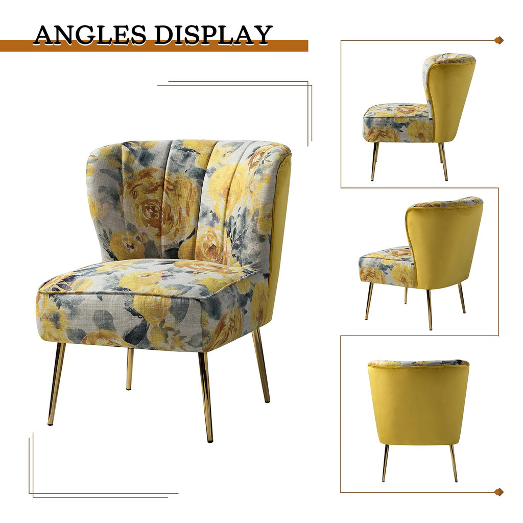 Accent Chair Set of 2 with Golden Legs, Comfy Floral Fabric Living Room Chair, Wingback Small Armless Side Chair, Upholstered Slipper Chair for Bedroom, Reading Room (Flower Print, YELLOW)