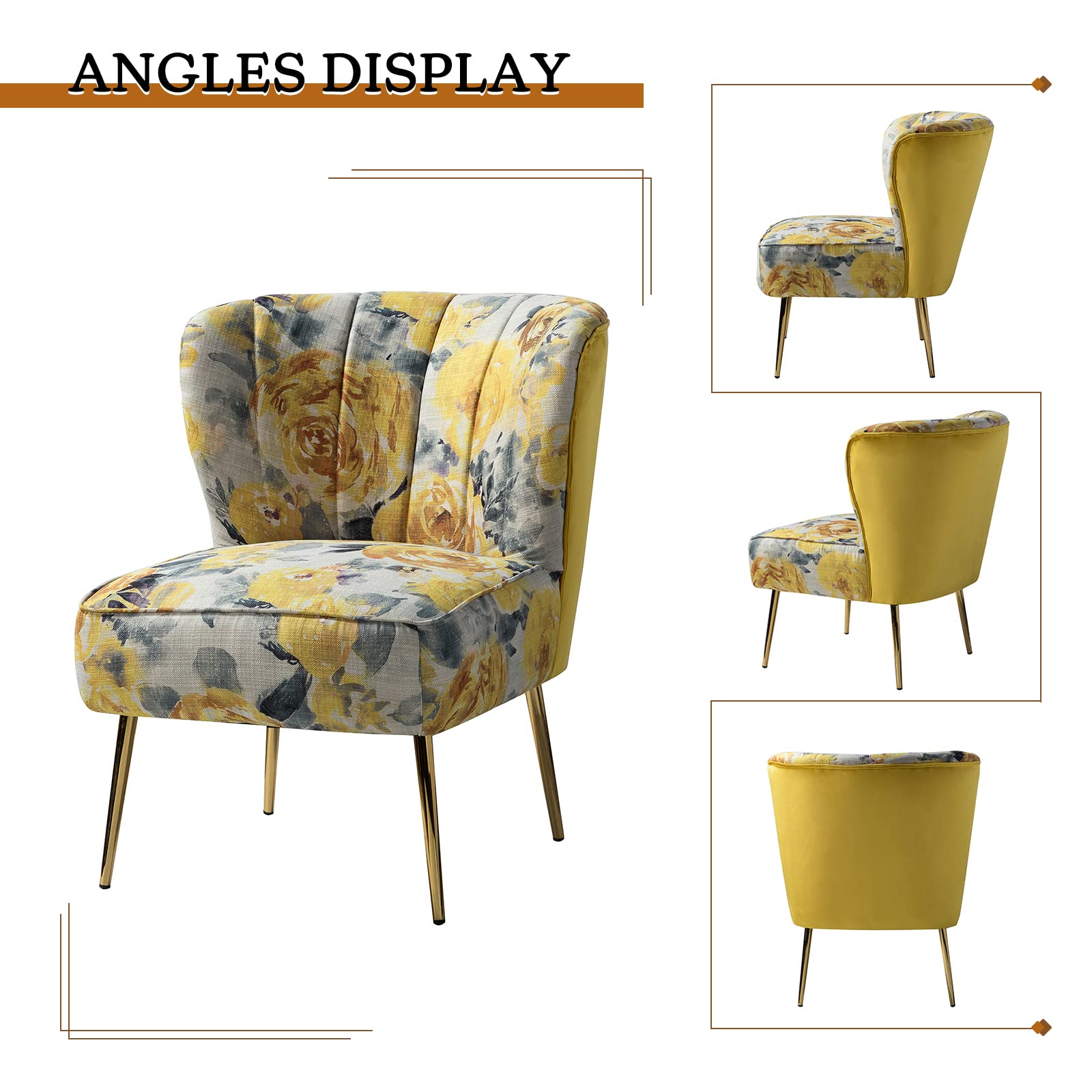 Accent Chair Set of 2 with Golden Legs, Comfy Floral Fabric Living Room Chair, Wingback Small Armless Side Chair, Upholstered Slipper Chair for Bedroom, Reading Room (Flower Print, YELLOW)