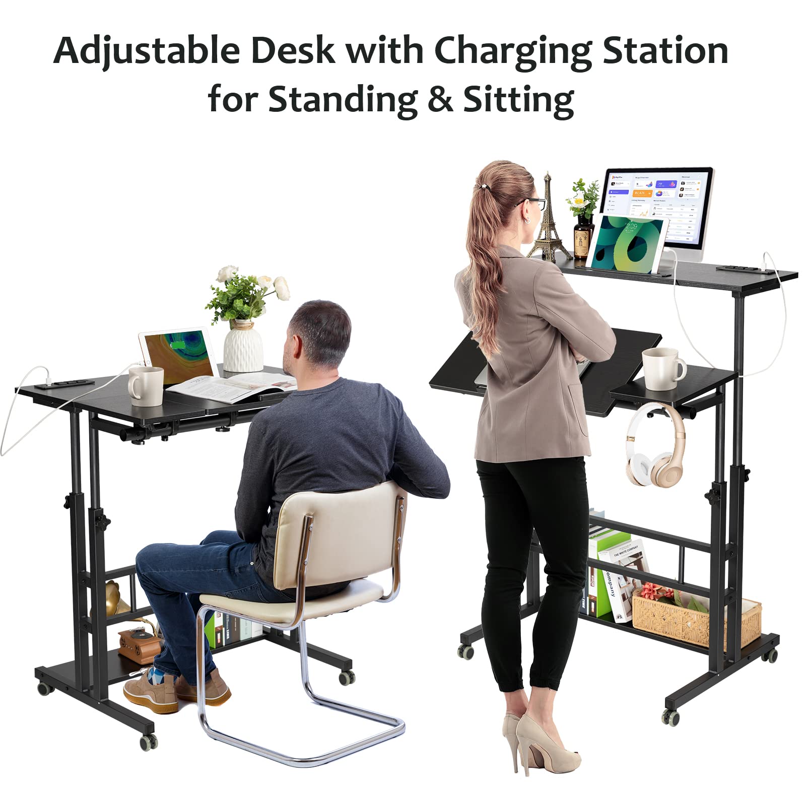 Stand Up Desk, Rolling Desk Adjustable Height, Mobile Standing Desk with Wheels & Charging Station, Portable Stand for Laptop, Rolling Computer Cart TV Tray, Small Standing Desk Drawing Table