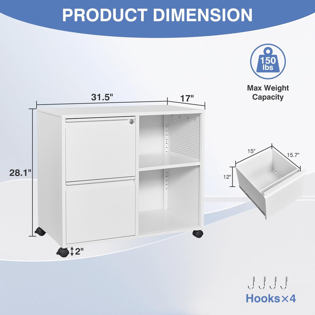 Metal 2 Drawer File Cabinet with Side Hook, Lockable Lateral Filing Cabinet for Letter/A4/Legal Size Files,Rolling Printer Stand with Adjustable Shelf & Lockable Wheelss for Home Office(White)