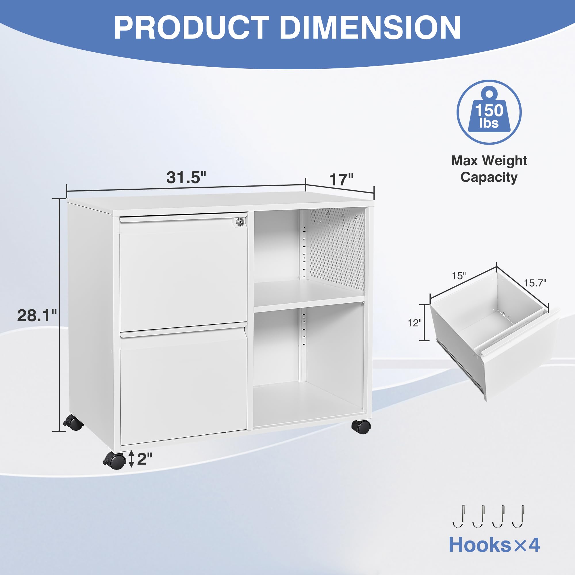 Metal 2 Drawer File Cabinet with Side Hook, Lockable Lateral Filing Cabinet for Letter/A4/Legal Size Files,Rolling Printer Stand with Adjustable Shelf & Lockable Wheelss for Home Office(White)