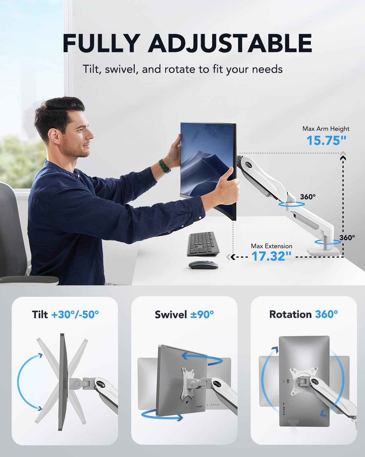Single Monitor Mount, 13 to 32 Inch Gas Spring Monitor Arm, Adjustable Stand, Vesa Mount with Clamp and Grommet Base - Fits 4.4 to 19.8lbs LCD Computer Monitors