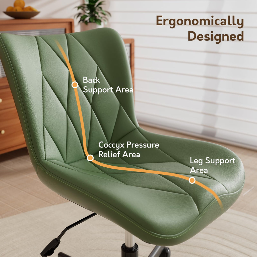 Armless Desk Chair, Morden Home Office Chair no Arms, Adjustable Height & Rocking Computer Chair, PU Leather Vanity Chair, Ergonomic Seat Soft Padded Desk Chairs for Home Small Space, Green