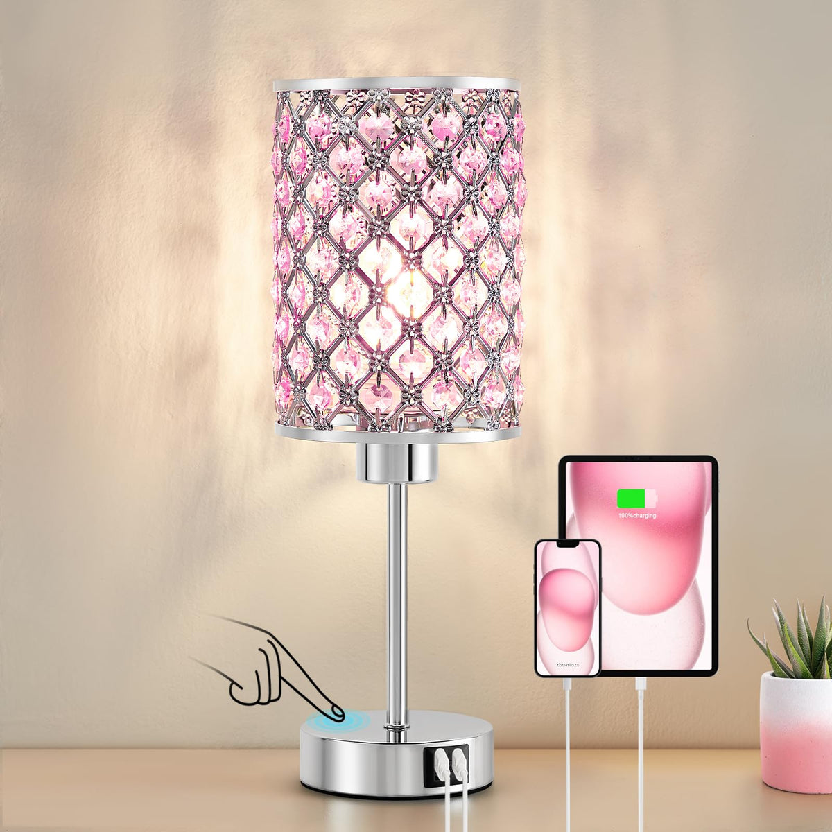 Crystal Table Lamp, Pink Touch Lamp with USB C+A Port, 3-Way Dimmable