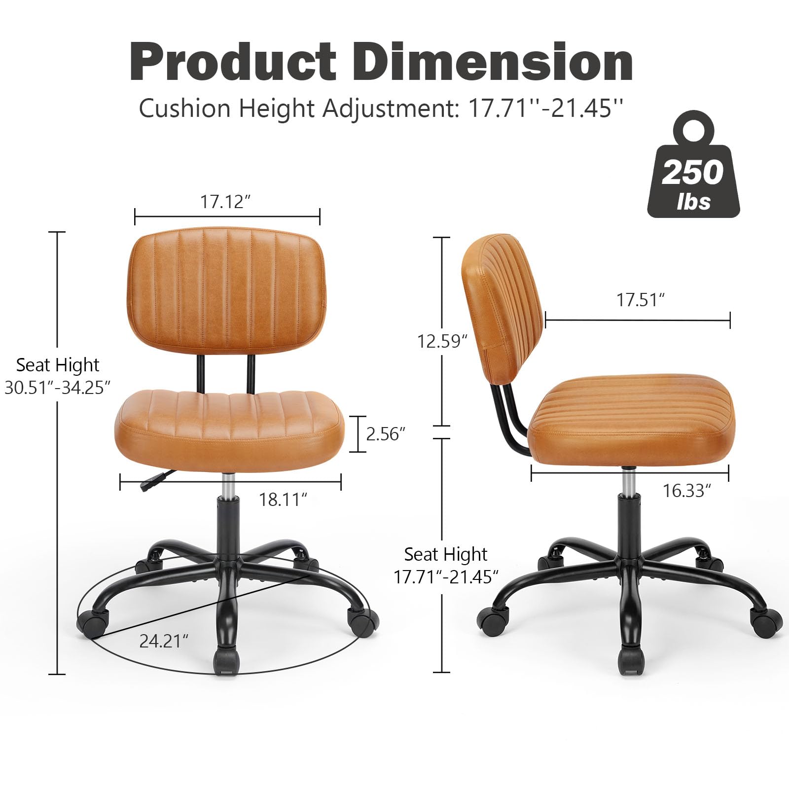 Armless Office Chair: Small Desk Chair with Low Back Lumbar Support, Height Adjustable PU Leather Computer Task with 360° Swivel Wheels, for Adults, Brown
