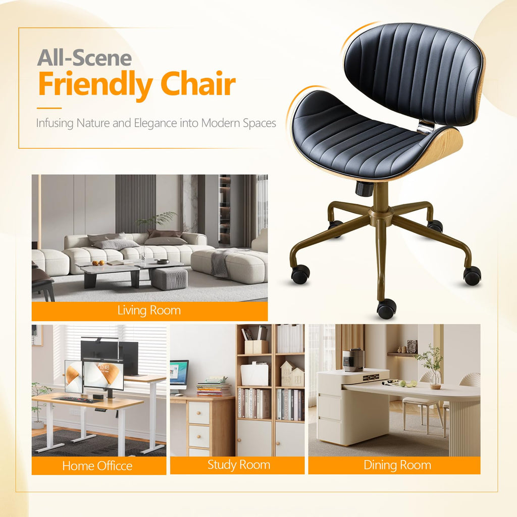 Wide Comfotable Swivel Home Office Chair with Wood-Grain Curved Shell,Ergomomic Mid-Back Padded Armless Rolling Desk Chair with Wheels,Height Adjustable for Computer,Task,Work,PU Leather,Black