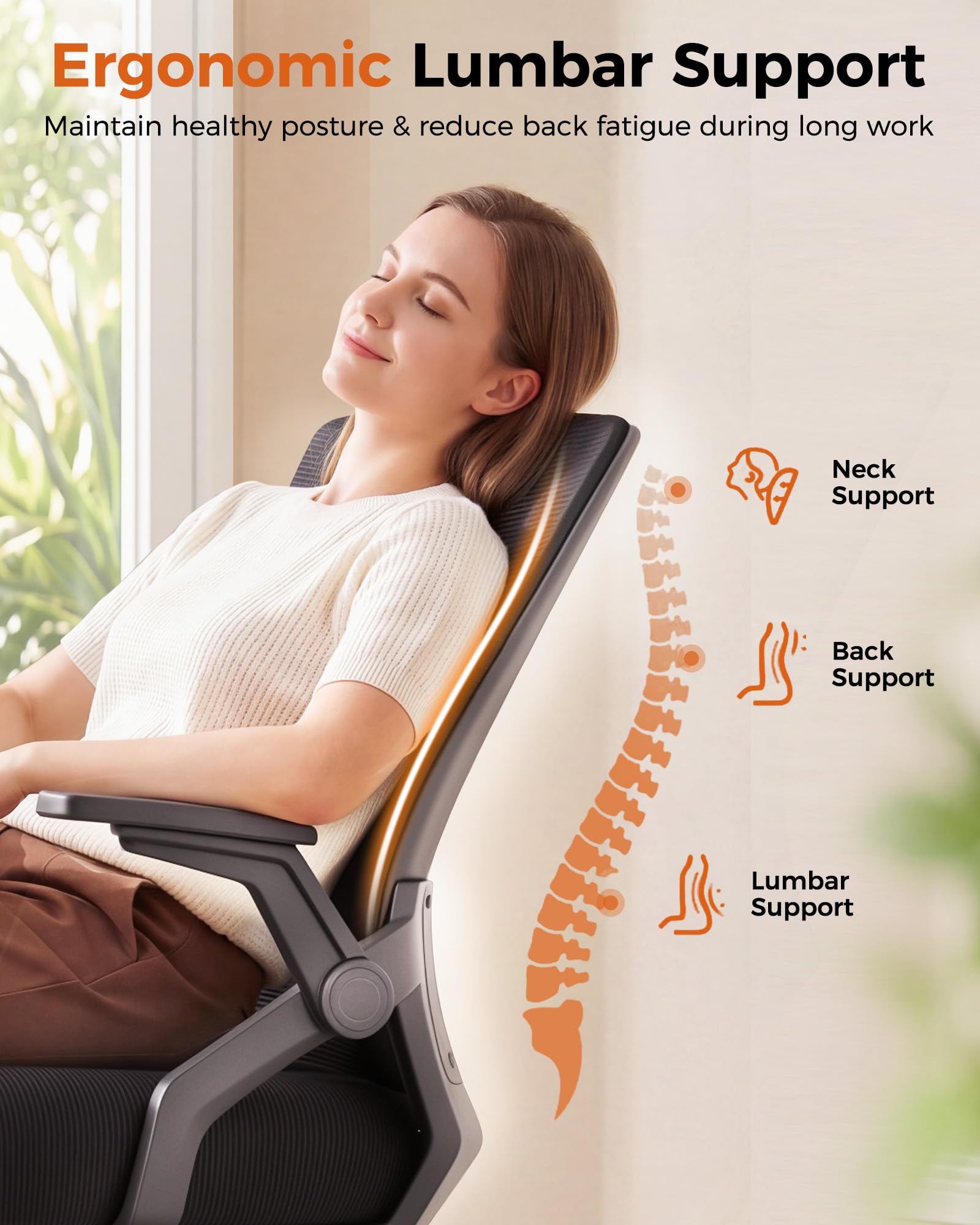 Ergonomic Office Chair with Flip-up Armrests Executive Computer Chair for Home Office, Breathable Mesh & Comfy Lumbar Support, Black