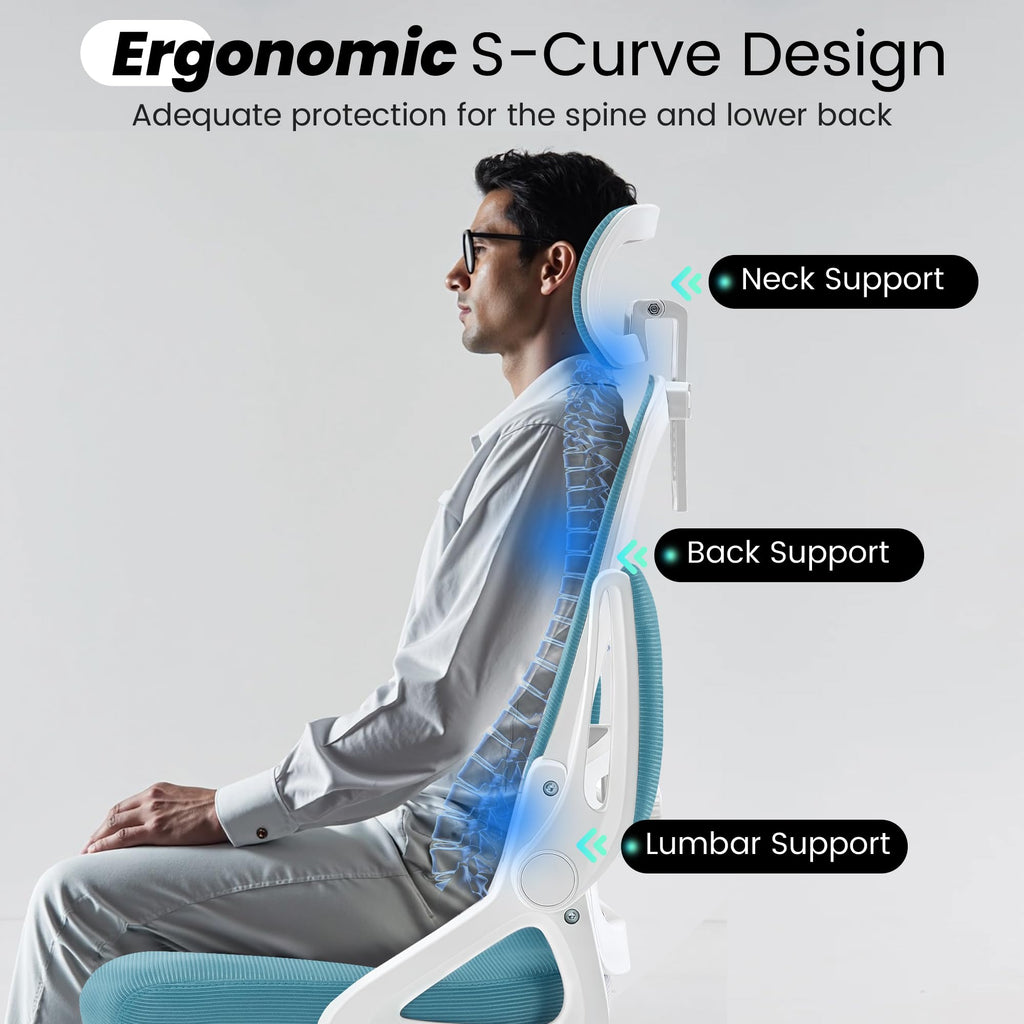 Ergonomic Office Chair, 400 LBS Computer Chairs with Adjustable Lumbar Support, Breathable Mesh Desk Chair Ergonomic with Thickened Cushion, Comfy Home Office Desk Chair (Lake Blue)