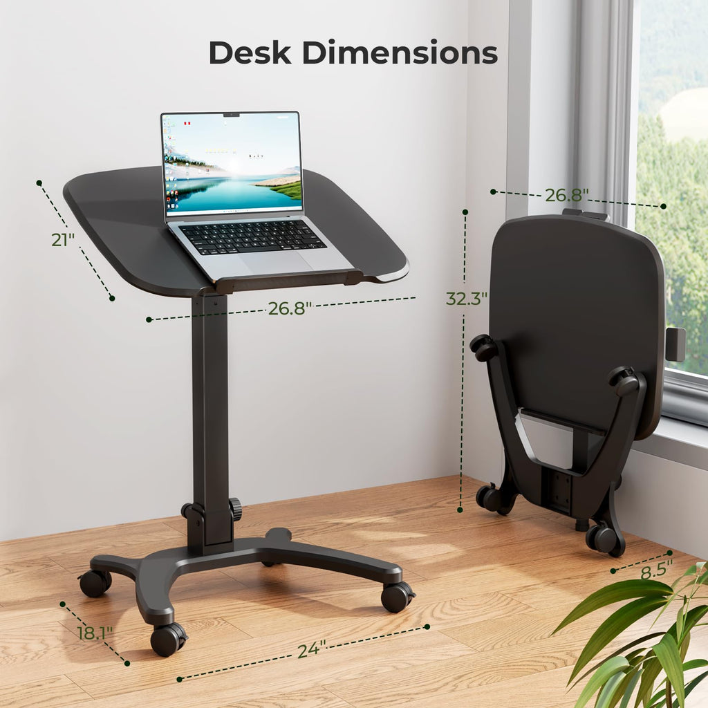 Foldable Mobile Standing Desk, 27"×21" Portable Rolling Laptop Cart with 90° Tiltable Board, Height Adjustable Mobile Desk Workstation with Wheels, Folding Table for Home Office, Black