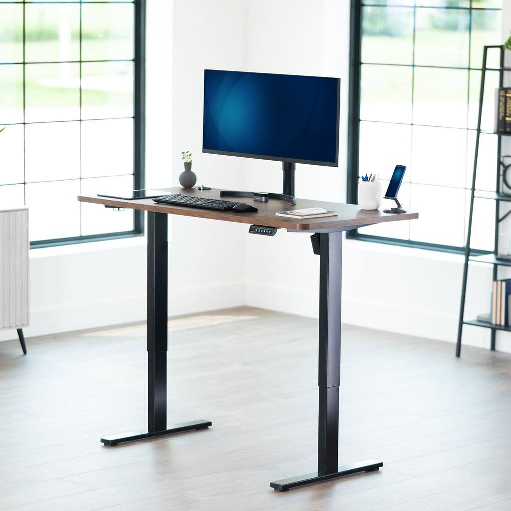 Electric 55 x 28 in Standing Desk, Memory Height Adjustment, 1B Series, Holds 220 lbs, One-Piece Rustic Vintage Brown Top, Black Frame