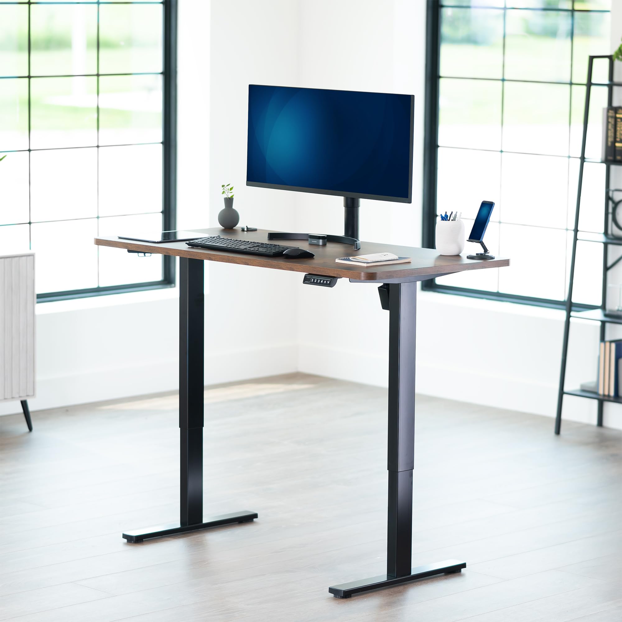 Electric 55 x 28 in Standing Desk, Memory Height Adjustment, 1B Series, Holds 220 lbs, One-Piece Rustic Vintage Brown Top, Black Frame