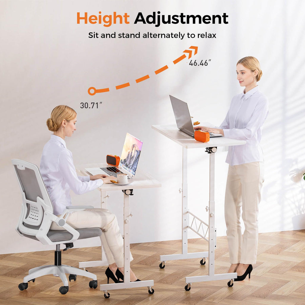 Standing Desk Adjustable Height & Tiltable Tabletop, Portable Stand Up Desk for Laptop, Mobile Folding Desk for Home Office Work and Walking Pad Treadmill, Height 30.7"-46.4", White