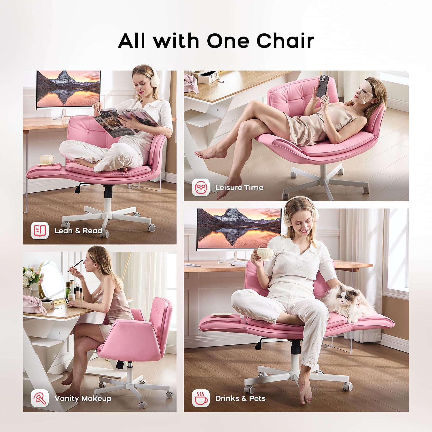Criss Cross Office Chair, PU Leather Vanity Chair with 5-Level Adjustable Armrests & Swivel, Ergonomic Criss Cross Chair for Home Office Bedroom Makeup（Pink）