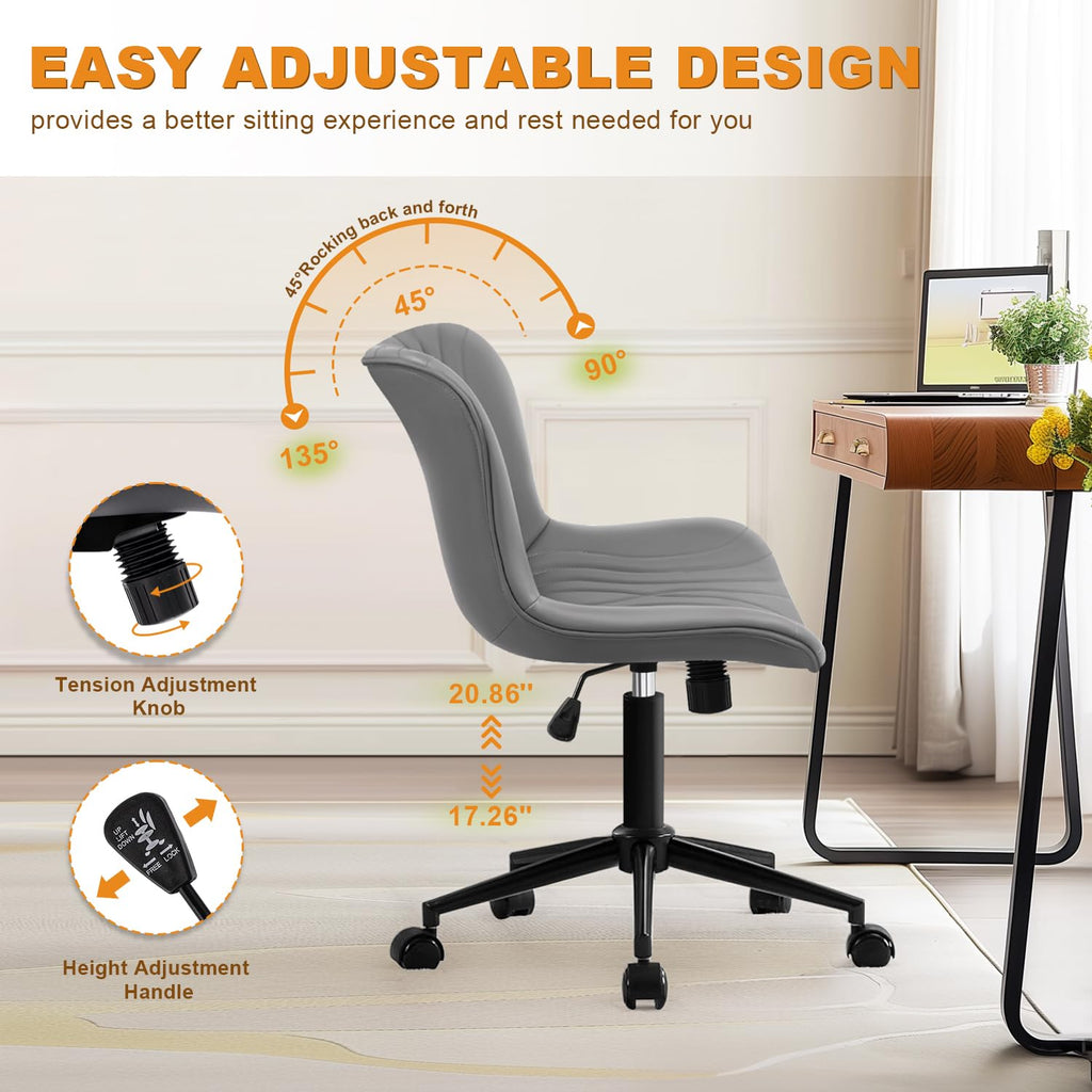 Armless Office Chair, Height Adjustable Desk Chair with Wheels, Ergonomic Comfy 360° Swivel Home Office Computer Task Chair, Faux Leather Padded Cute Vanity Chair, Gray