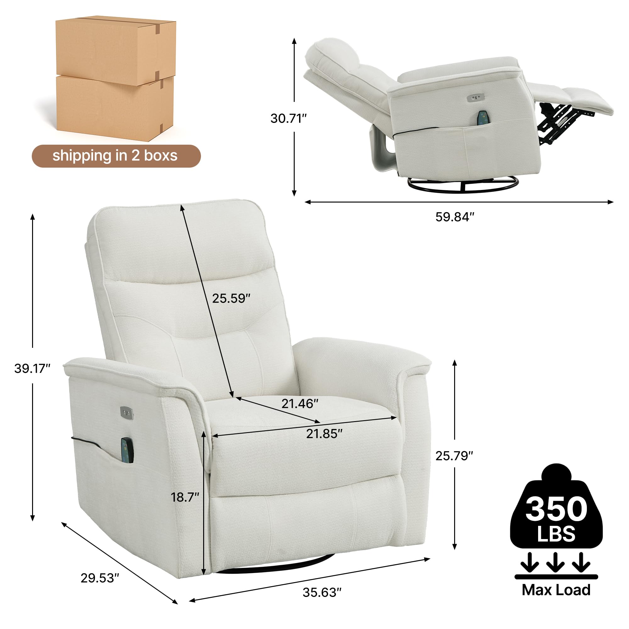 Recliner Chair for Adults, Power Chenille Nursery Rocker Recliner Massage and Heat, Oversized Swivel Reclining Chair with USB Ports for Living Room, Office White