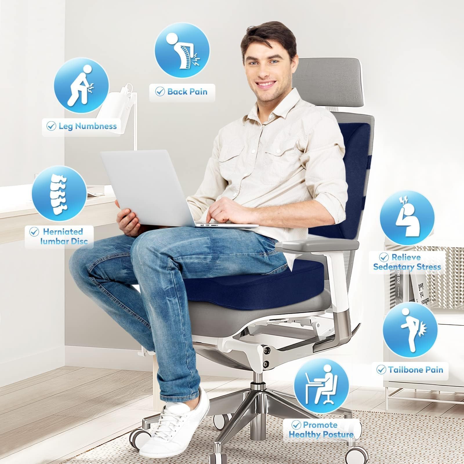 Lumbar Support Pillow & Seat Cushion Set for Office Chair, Desk Chair, Wheelchair & Car – Memory Foam Back Support, Ergonomic Chair Cushions, Sciatica Pain Relief, Home Essentials, Blue