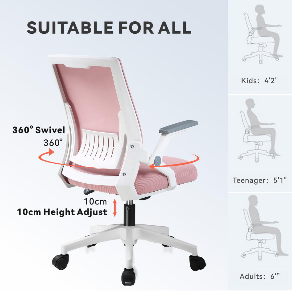 Office Chair with Flip-up Armrests Ergonomic Computer Desk Chair with Adaptive Lumbar Support & Breathable Mesh, Pink