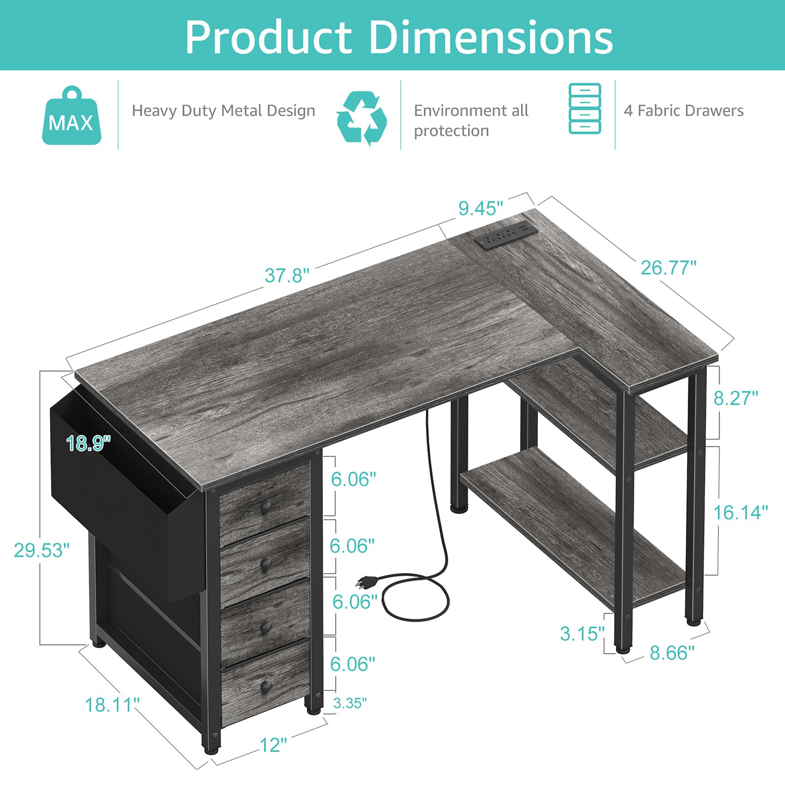 L Shaped Computer Desk with Drawers & Storage Shelves, 47 Inch Small Corner Desk with Power Outlet for Home Office Bedroom, L-Shaped Gaming PC Desks with Fabric Drawer, Gray
