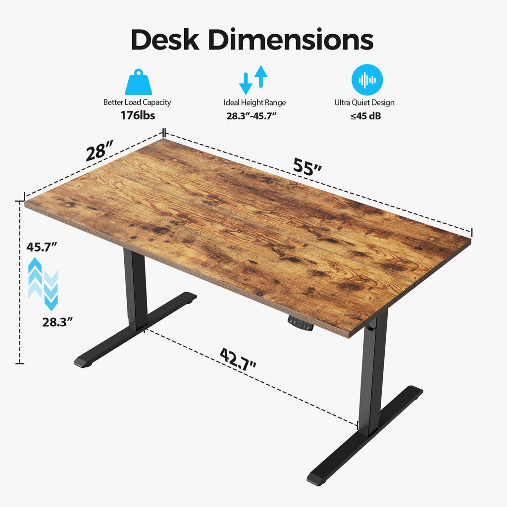 Electric Standing Desk, 55 x 28 Inches Height Adjustable Desk, Sit Stand up for Work Office Home, Ergonomic Rising Computer Table with Memory Preset, Rustic Brown