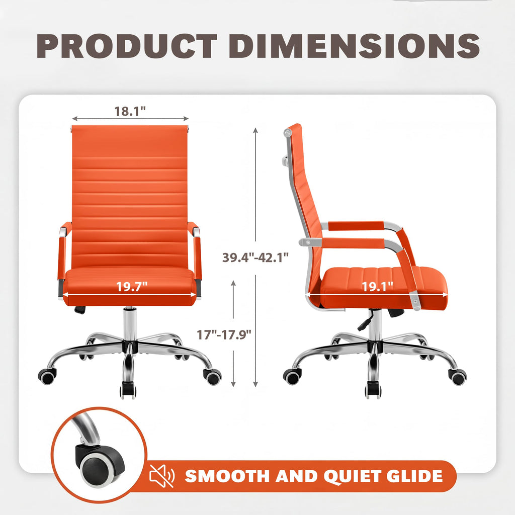 (2, Orange) Ergonomic Office Desk Chair, Executive Ribbed Mid-Back PU Leather Conference Room Chair Adjustable Swivel Chair with Arms