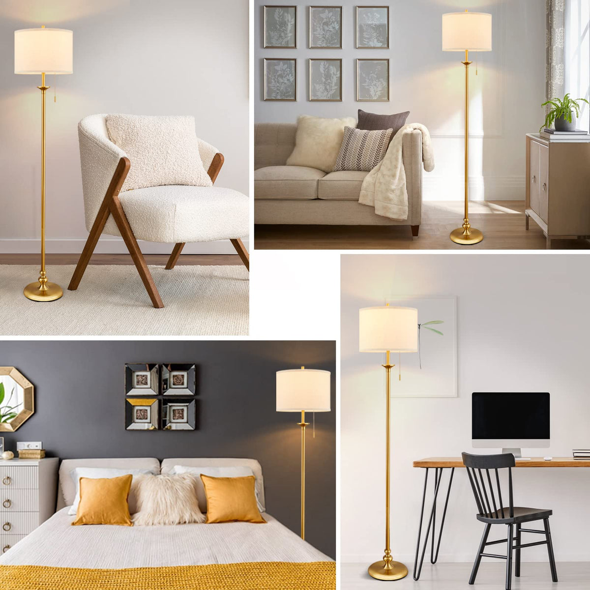 60" Gold Floor Lamp, Floor Lamps for Living Room with Fabric Shade