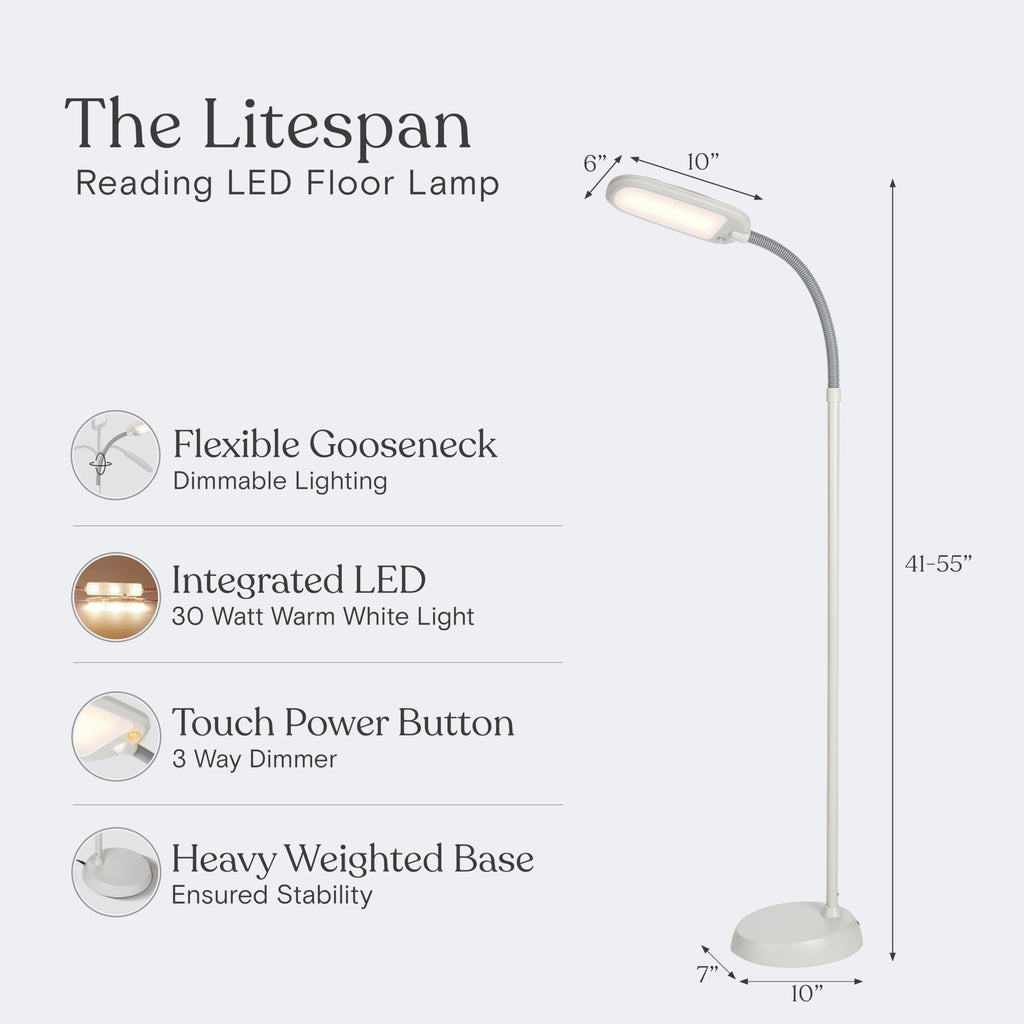 Litespan LED 2nd Edition Reading Floor Lamp with Cool, Soft & Warm White LED's - Built-in Dimmer - Adjustable Design Pivots in Any Direction - Energy Saving 12 Watts - Alpine White