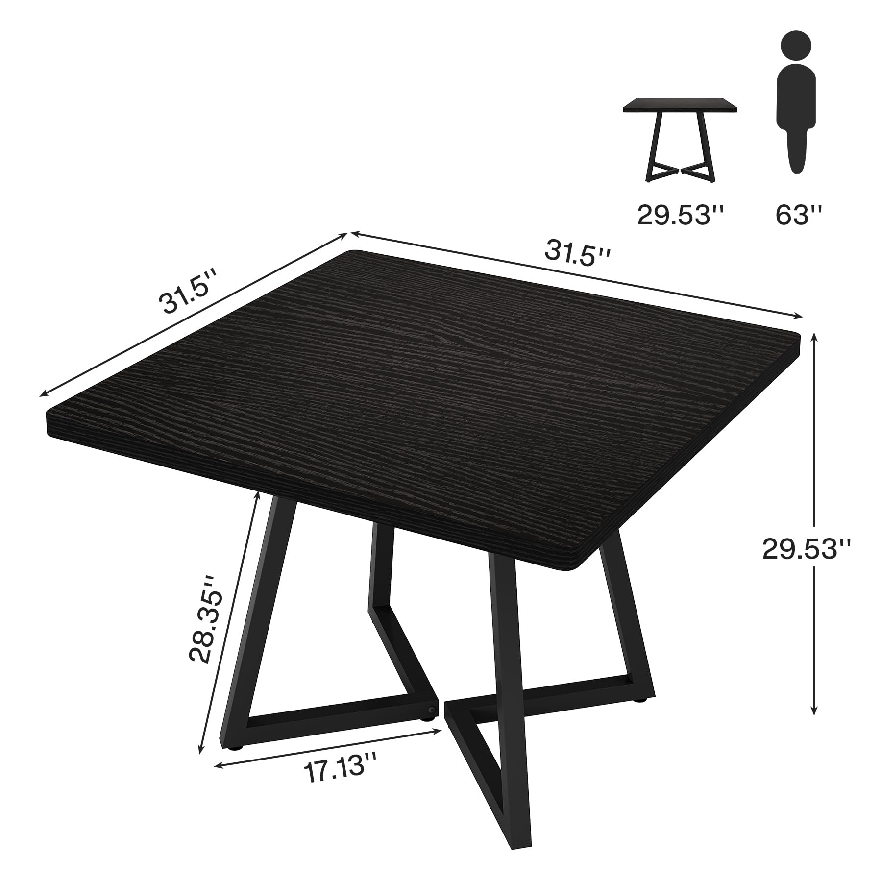 31.5" Square Conference Table Set of 6, 8 ft Industrial Office Meeting Table for 8-10 People, Business Podcast Furniture with Metal Base for Small Spaces, Office Conference, Black