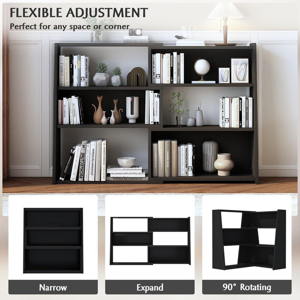 Wooden Extendable Shelf Bookcase, 3-Tier Low Bookshelf, Black, L