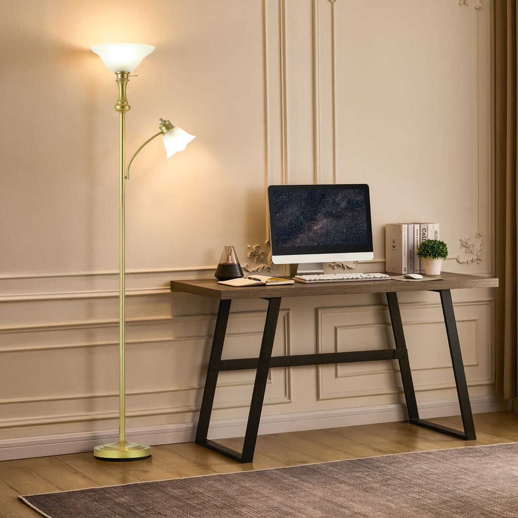 Torchiere Glod Floor Lamp with Adjustable Angle Reading Lamp-71IN