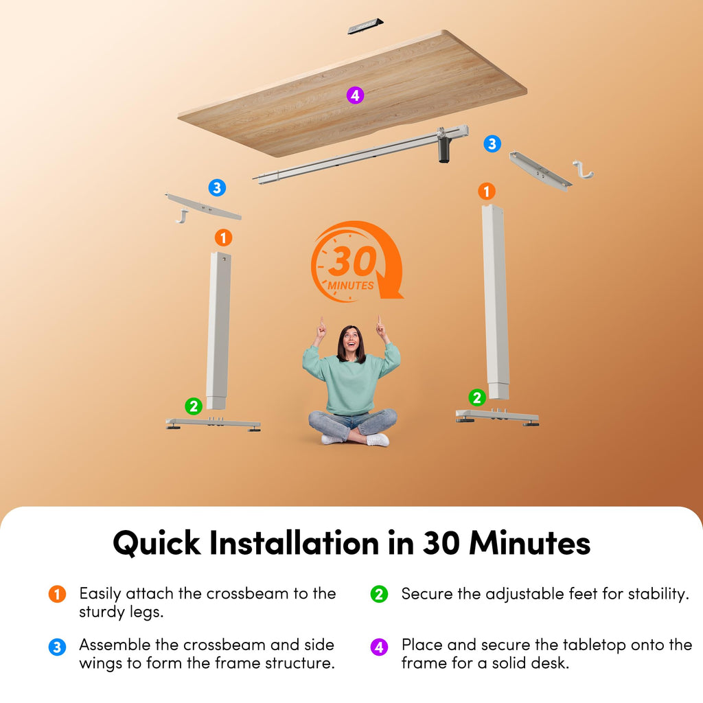 Standing Desk, 48 × 24 Inches Electric Height Adjustable, Sit and Stand Up, Computer Office Desk with Splice Board, White Frame/Maple TOP