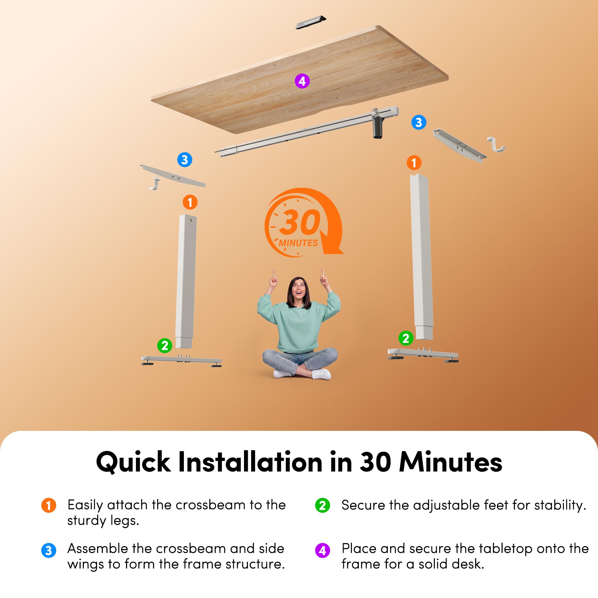 Standing Desk, 48 × 24 Inches Electric Height Adjustable, Sit and Stand Up, Computer Office Desk with Splice Board, White Frame/Maple TOP