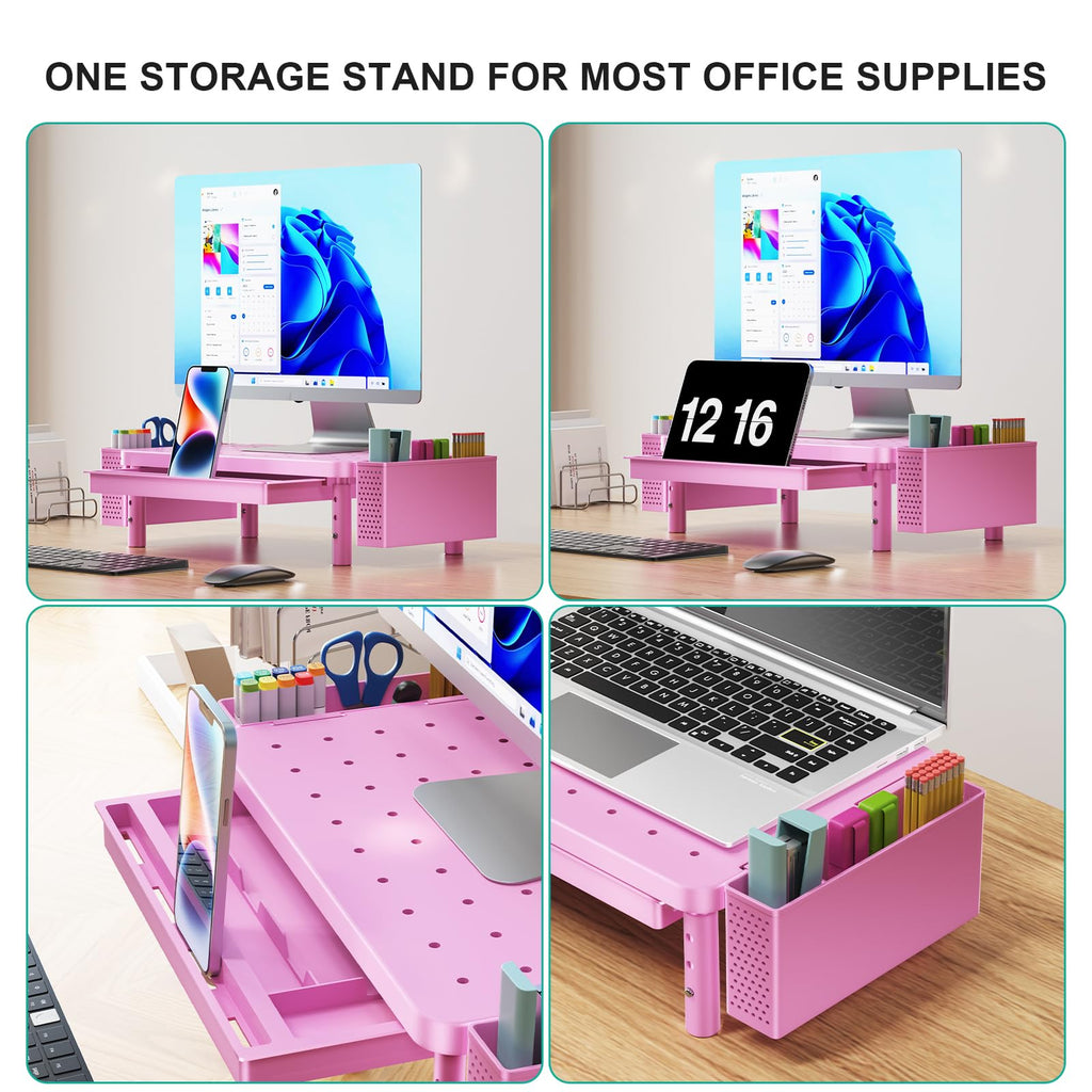 Computer Monitor Stand with Storage, Desk Organizer with Drawer and Pen Holder, Desk Monitor Riser 3 Height Adjustable, Laptop Riser for Computer, Laptop, Printer (PTT003-P), 1 Pack, Pink