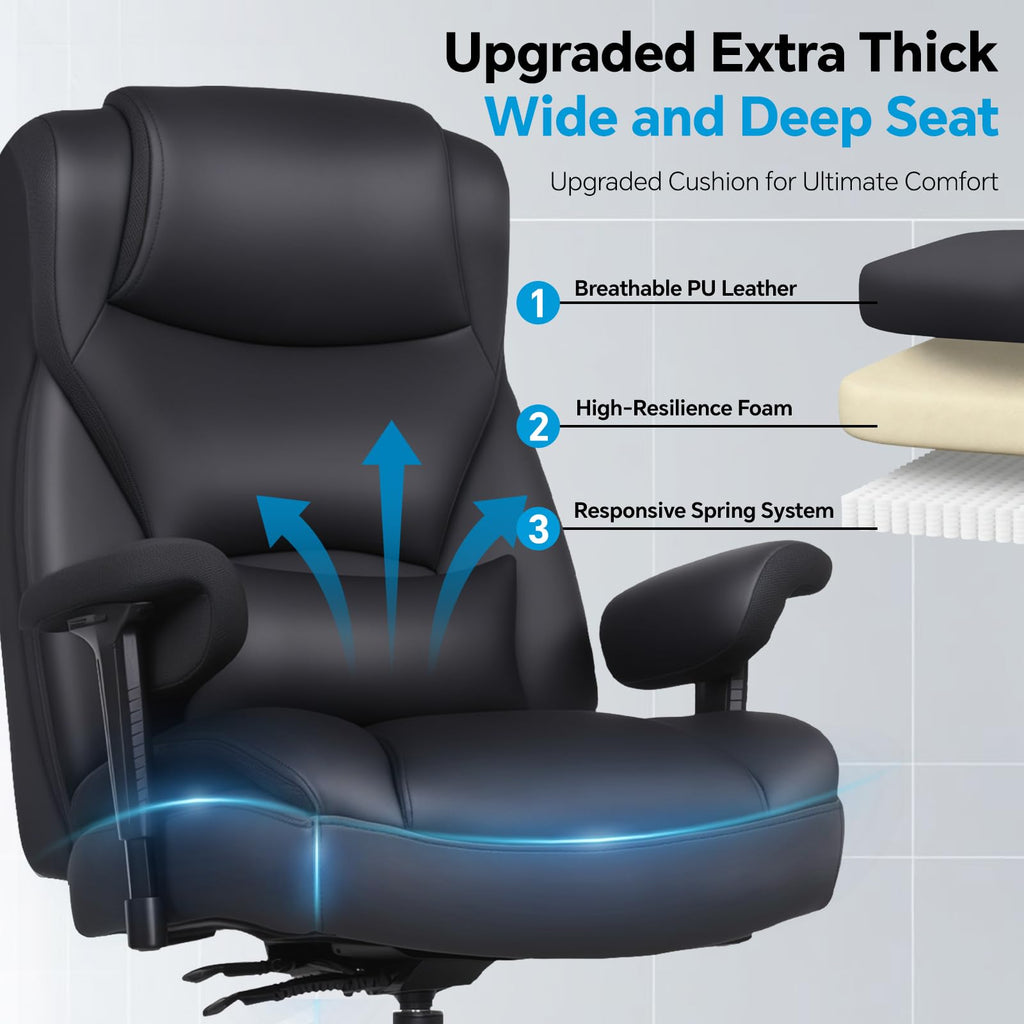 Big and Tall Office Desk Chair with 5-Position Armrests, 650 LBS Heavy Duty Executive Office Chair Comfy, Extra Wide Seat, High Back Computer Chair with Lumbar Support, Reclining Tilt Lock