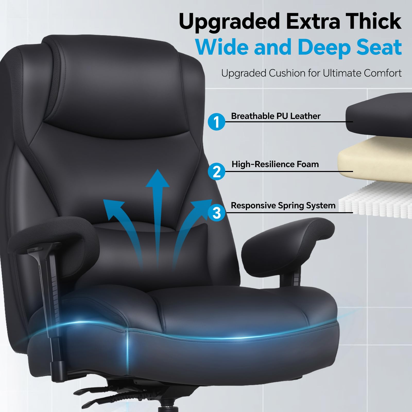 Big and Tall Office Desk Chair with 5-Position Armrests, 650 LBS Heavy Duty Executive Office Chair Comfy, Extra Wide Seat, High Back Computer Chair with Lumbar Support, Reclining Tilt Lock