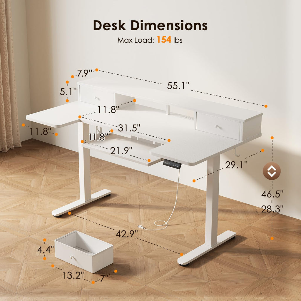 U Shaped Electric Standing Desk with Drawers, 55 Inch Height Adjustable Desk with Keyboard Tray ＆ Ergonomic Monitor Stand, Sit Stand Table with Power Outlets for Home, Office, White