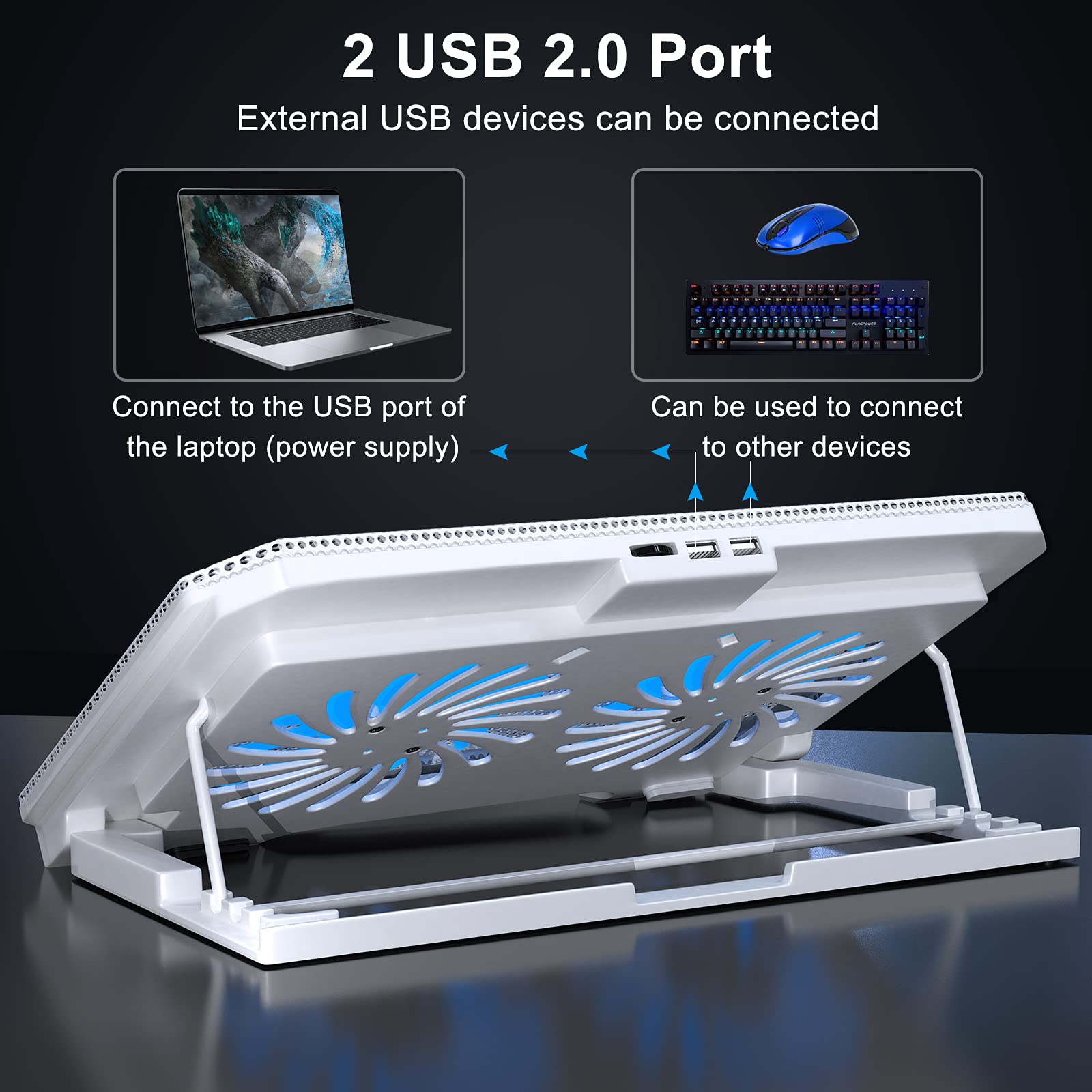 Laptop Cooling Pad with Adjustable Height Two 5.1 Inches Fan 2 USB Ports Suitable for 12"-15.6" Laptops（White）
