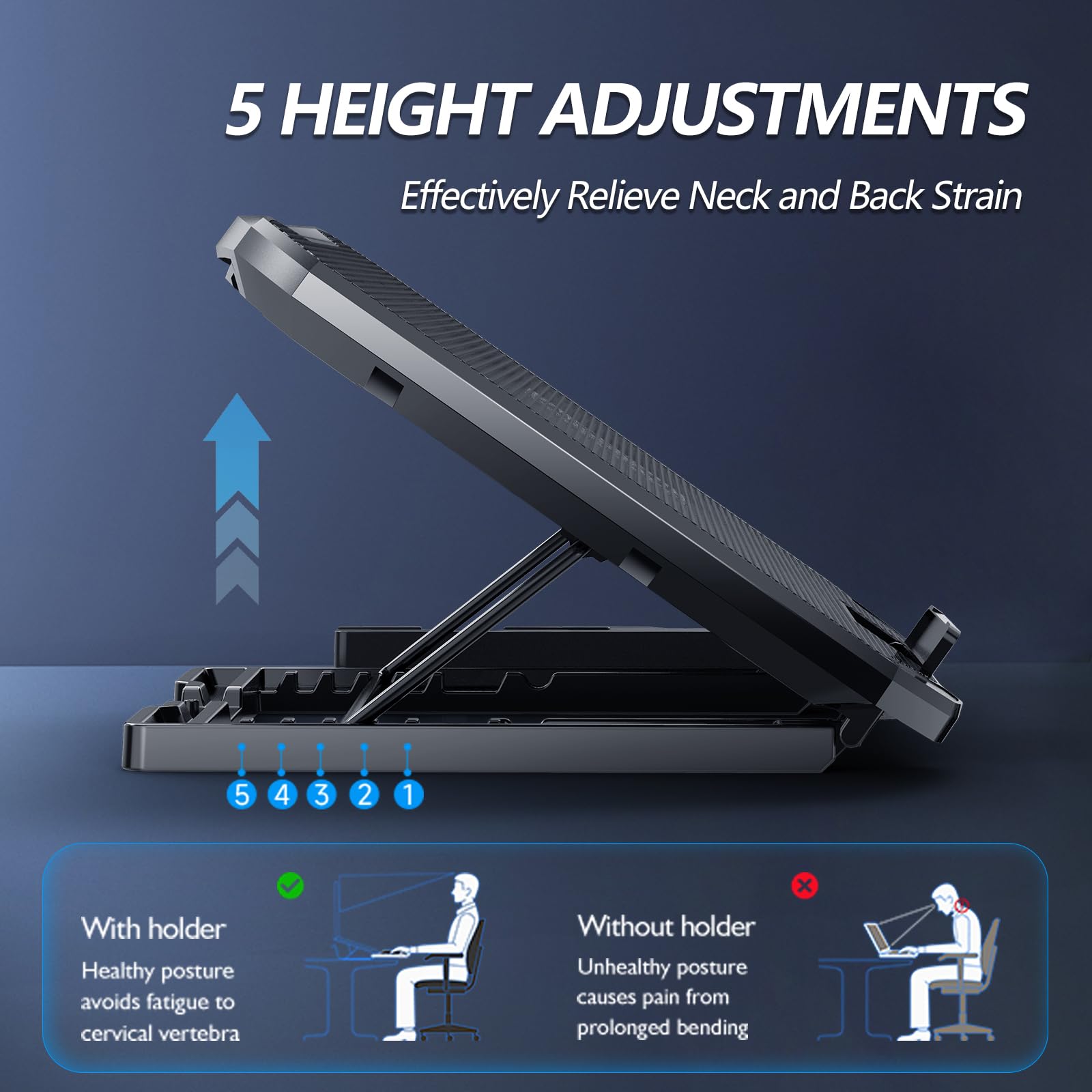 Laptop Cooling Pad for Computer Laptop Cooler for 12-15.6 Inch Notebooks, Laptop Cooling Stand with 5 Quiet Fans, 5 Height Adjustable,2 USB Ports, Phone Stand