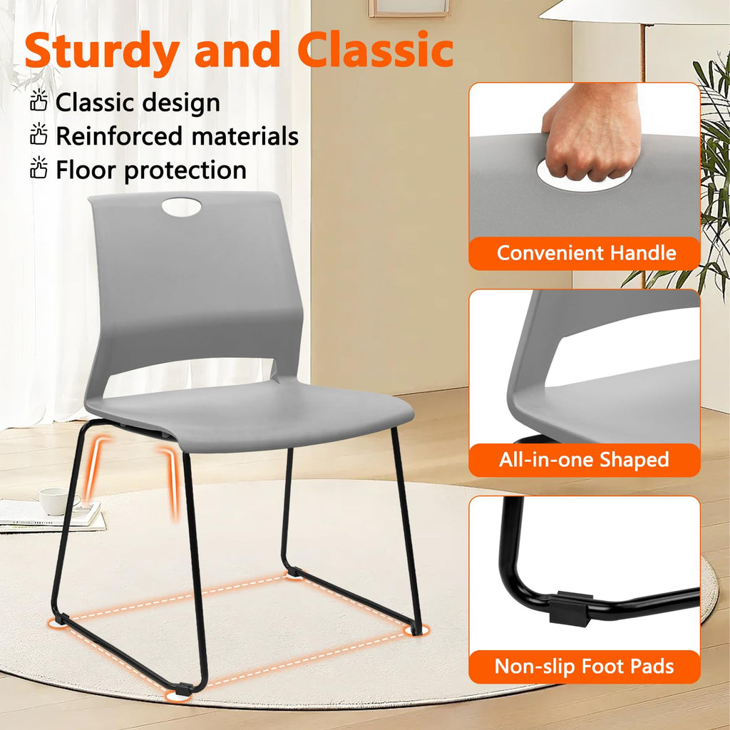 Set of 4, Stackable Guest Reception Chairs, Stacking Office Chair with Ergonomic Lumbar Support & Metal Legs, Plastic Desk Chairs for Conference School Church Waiting Meeting Break Room, Gray