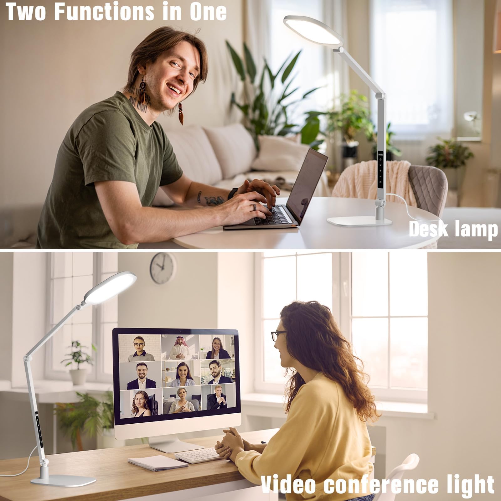 LED Desk Lamp for Office, 15W Desk Light with CRI >95, Memory & Timer Function, 1200LM Dimmable Computer Light for Video Calls, Conference, Reading, Study (White)