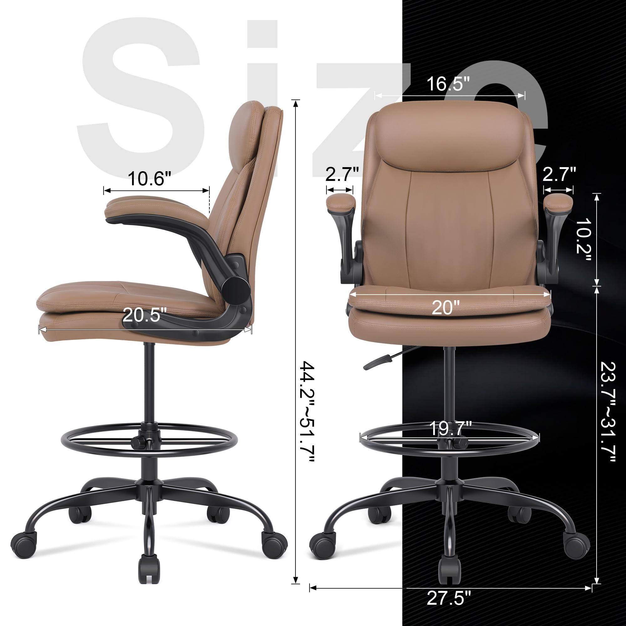 Leather Drafting Chair, Tall Office Chair for Standing Desk, High Executive Office Chair with Adjustable Height and Flip-up Armrest for Counter Height Desk