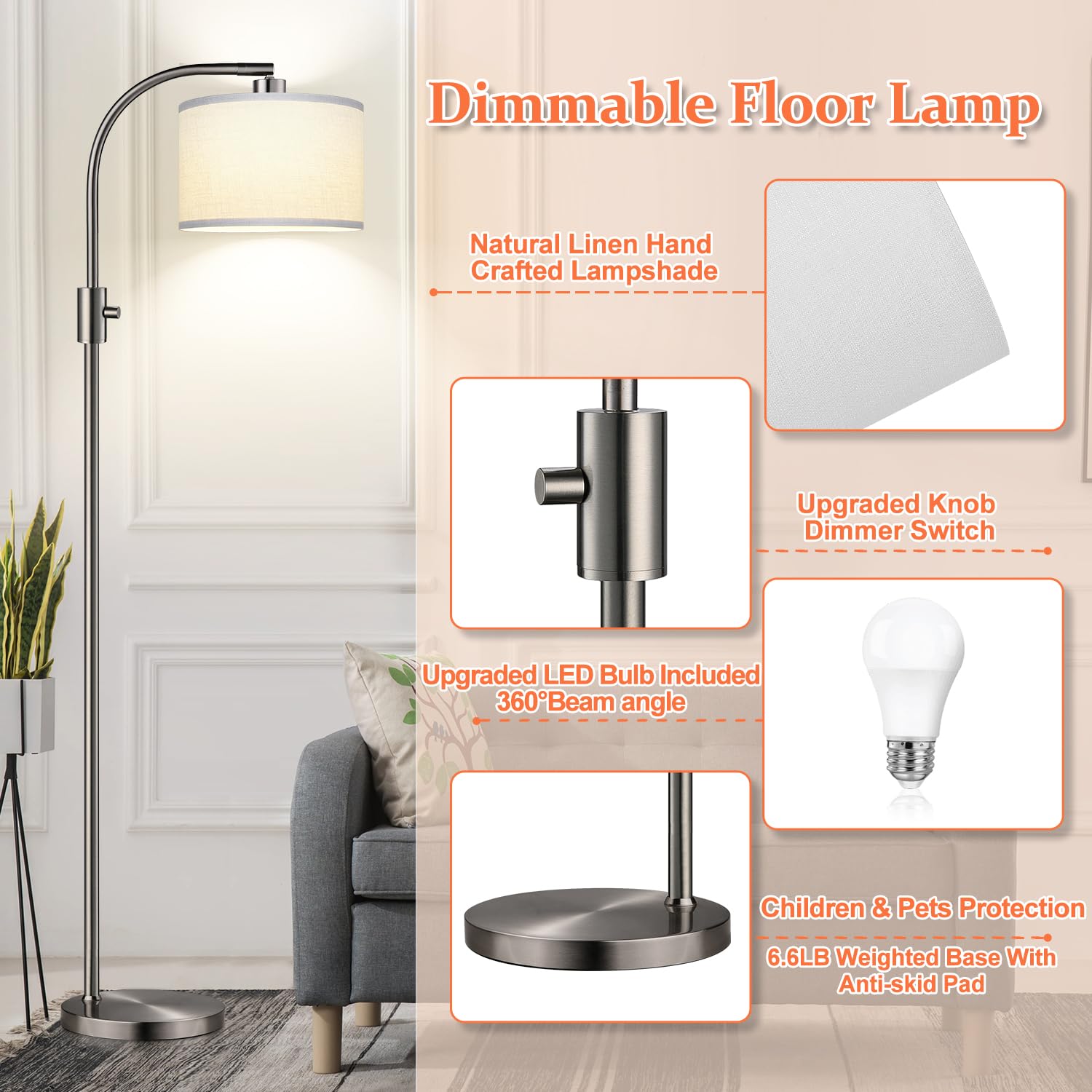 Upgraded Modern Arc Dimmable Tall Standing Floor Lamp with Linen Shade, 1200 Lumens LED Bulb Included, for Living & Reading Room, Bedroom, Office & Nursery, Brushed Nickel