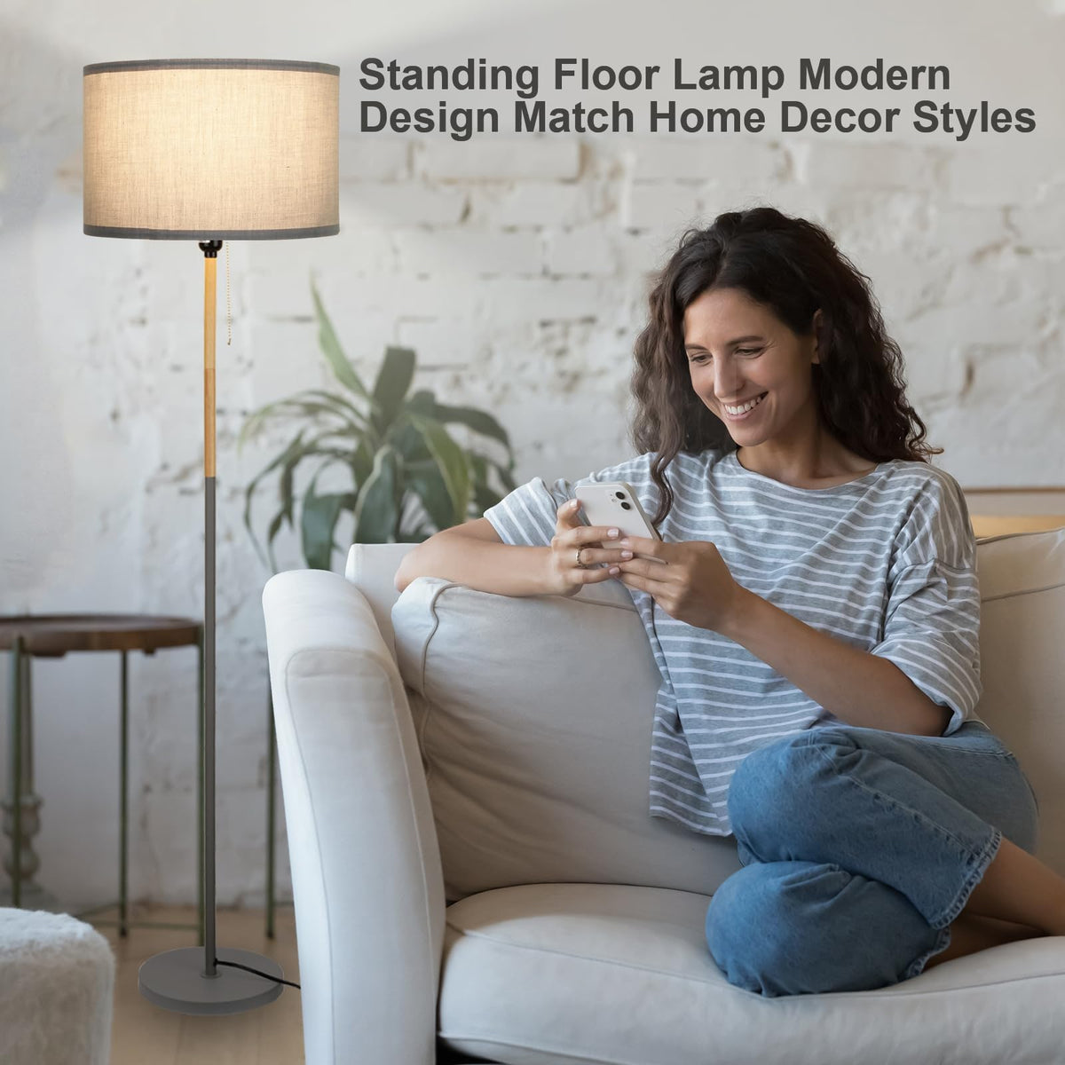 Bedroom Standing Floor Lamp, Farmhouse Lamp with Linen Shade, Grey