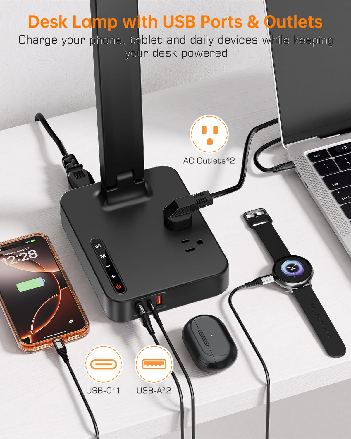 LED Desk Lamp for Dorm Office, USB-C,AC Outlet, Reading Light, Black