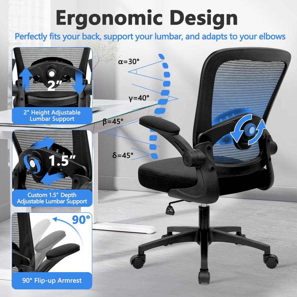 KLASIKA Home Office Desk Chair with Flip Up Armrests, Mesh Back Chair with Adjustable Height Lumbar Support, Ergonomic Computer Task Chair with Wheels for School, Conference, Black(8PK)
