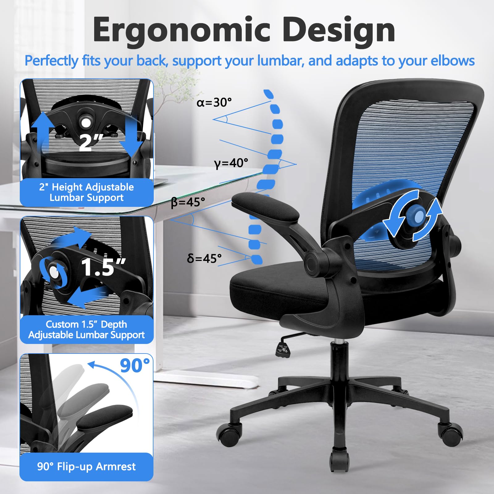 KLASIKA Home Office Desk Chair with Flip Up Armrests, Mesh Back Chair with Adjustable Height Lumbar Support, Ergonomic Computer Task Chair with Wheels for School, Conference, Black(8PK)